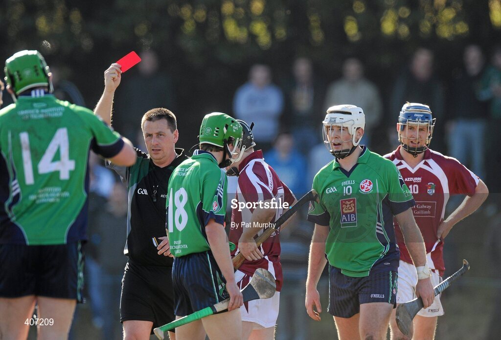 5 March 2010; Referee Brian Gavin shows a red card to NUI Galway's David Barrett, extreme right. Ulster Bank Fitzgibbon Cup Semi-Final, National University of Ireland, Galway v Limerick Institute of Technology, Dangan GAA Grounds, Dangan, Co. Galway. Picture credit: Pat Murphy / SPORTSFILE