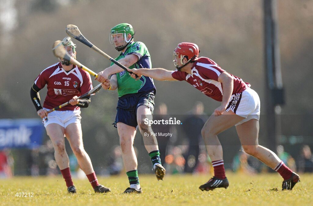5 March 2010; Joe Canning, Limerick IT, in action against Finian Coone, left, and John Lee, NUI Galway. Ulster Bank Fitzgibbon Cup Semi-Final, National University of Ireland, Galway v Limerick Institute of Technology, Dangan GAA Grounds, Dangan, Co. Galway. Picture credit: Pat Murphy / SPORTSFILE