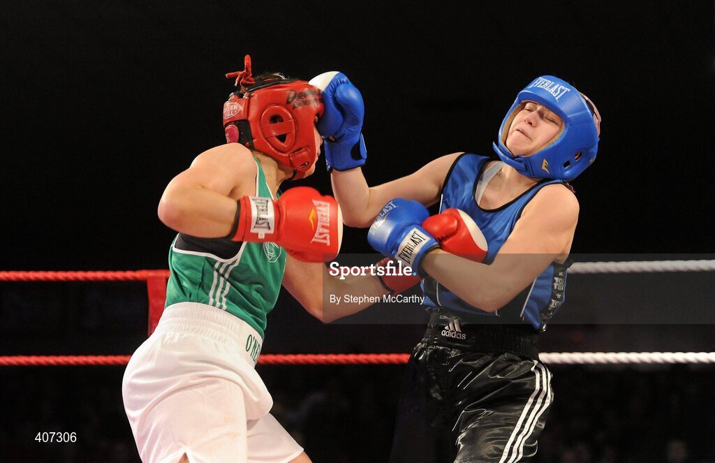 5 March 2010; Sinead Kavanagh, Drimnagh, Ireland, left, exchanges punches with Tetyana Ivashenko, Ukraine, women's 75kg special bout. National Men's & Women's Elite National Championships 2010 Finals - Friday, National Stadium, Dublin. Picture credit: Stephen McCarthy / SPORTSFILE