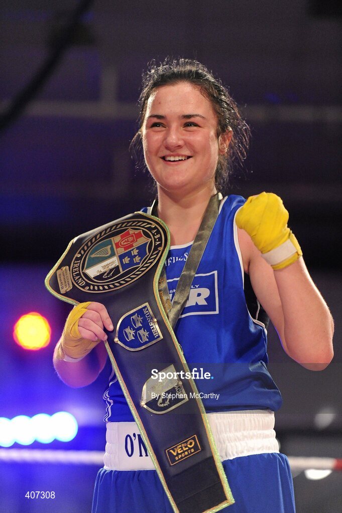 5 March 2010; Kelly Harrington, West Finglas, celebrates her elite women's 69kg victory over Jessica Lyons, St Francis, Limerick. National Men's & Women's Elite National Championships 2010 Finals - Friday, National Stadium, Dublin. Picture credit: Stephen McCarthy / SPORTSFILE