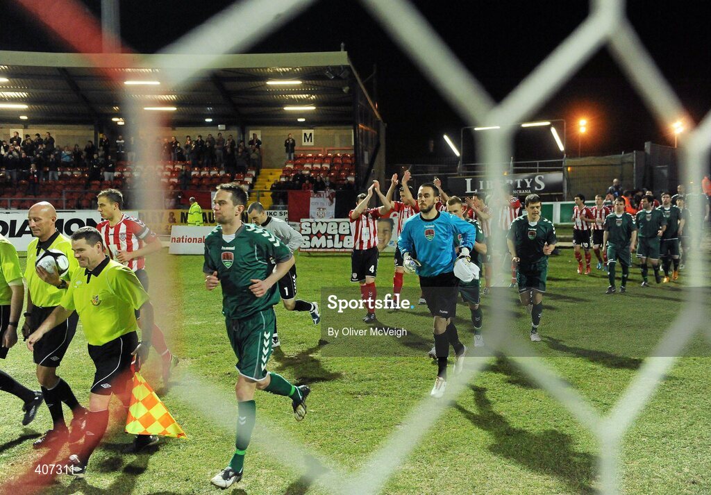 5 March 2010; The Derry City and Cork City Foras Co-op teams take to the field. Airtricity League, Premier Division, Derry City v Cork City Foras Co-op, Brandywell Stadium, Derry. Picture credit: Oliver McVeigh / SPORTSFILE
