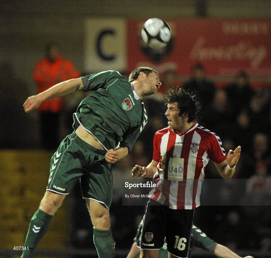 5 March 2010; Stephen Mulcahy, Cork City Foras Co-op, in action against Vincenty Sweeney, Derry City. Airtricity League, Premier Division, Derry City v Cork City Foras Co-op, Brandywell Stadium, Derry. Picture credit: Oliver McVeigh / SPORTSFILE