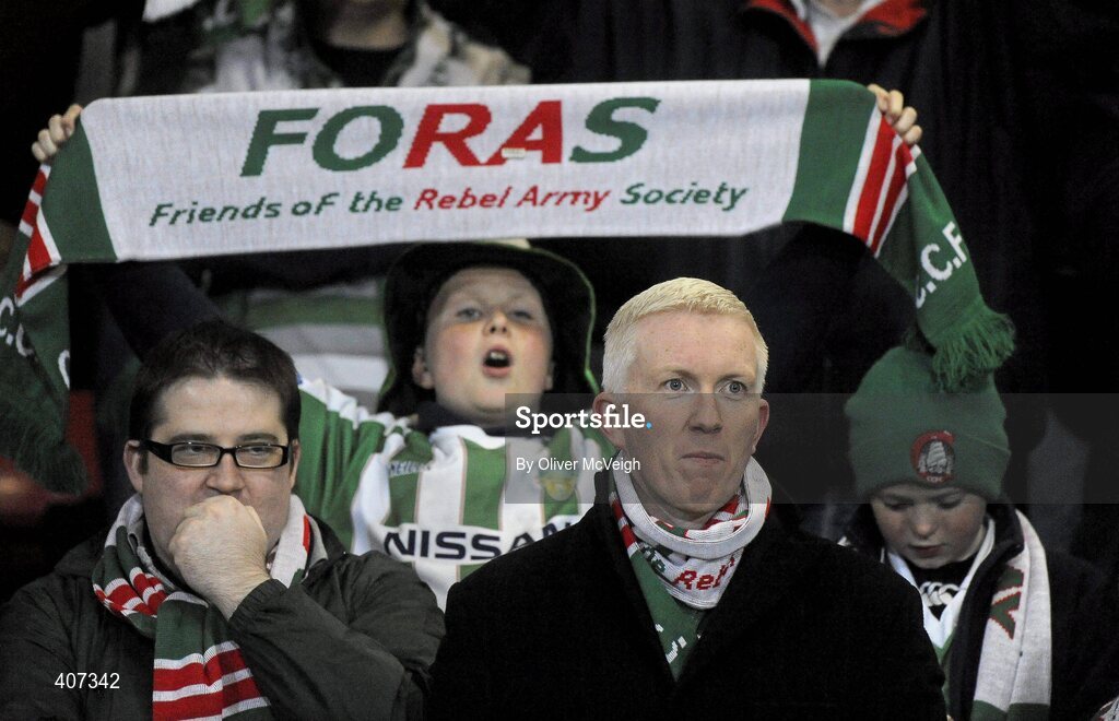5 March 2010; Cork City Foras Co-op Chairman John O'Sullivan, front right, among the fans. Airtricity League, Premier Division, Derry City v Cork City Foras Co-op, Brandywell Stadium, Derry. Picture credit: Oliver McVeigh / SPORTSFILE