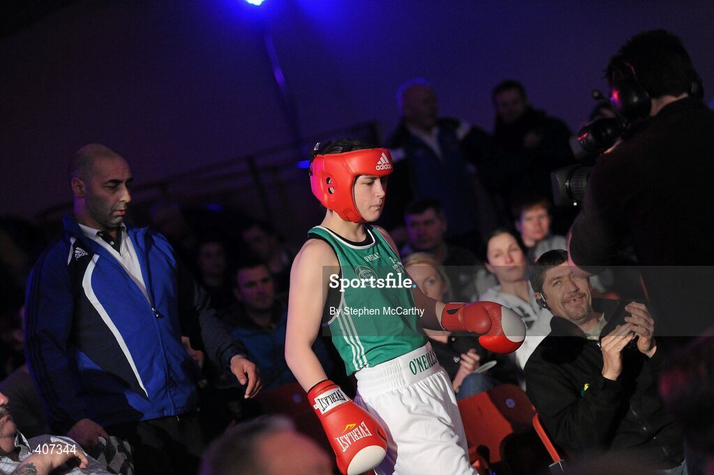 5 March 2010; Katie Taylor, Bray, Ireland, makes her way to the ring for her womens 60kg special bout with Julia Tsyplakova, Ukraine. National Men's & Women's Elite National Championships 2010 Finals - Friday, National Stadium, Dublin. Picture credit: Stephen McCarthy / SPORTSFILE