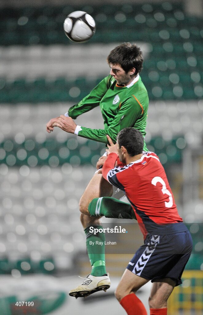 3 March 2010; Cillian Sheridan, Republic of Ireland, in action against Levon Airapetian, Armenia. UEFA European U21 Championship Qualifier, Republic of Ireland v Armenia, Tallaght Stadium, Tallaght, Co. Dublin. Picture credit: Ray Lohan / SPORTSFILE