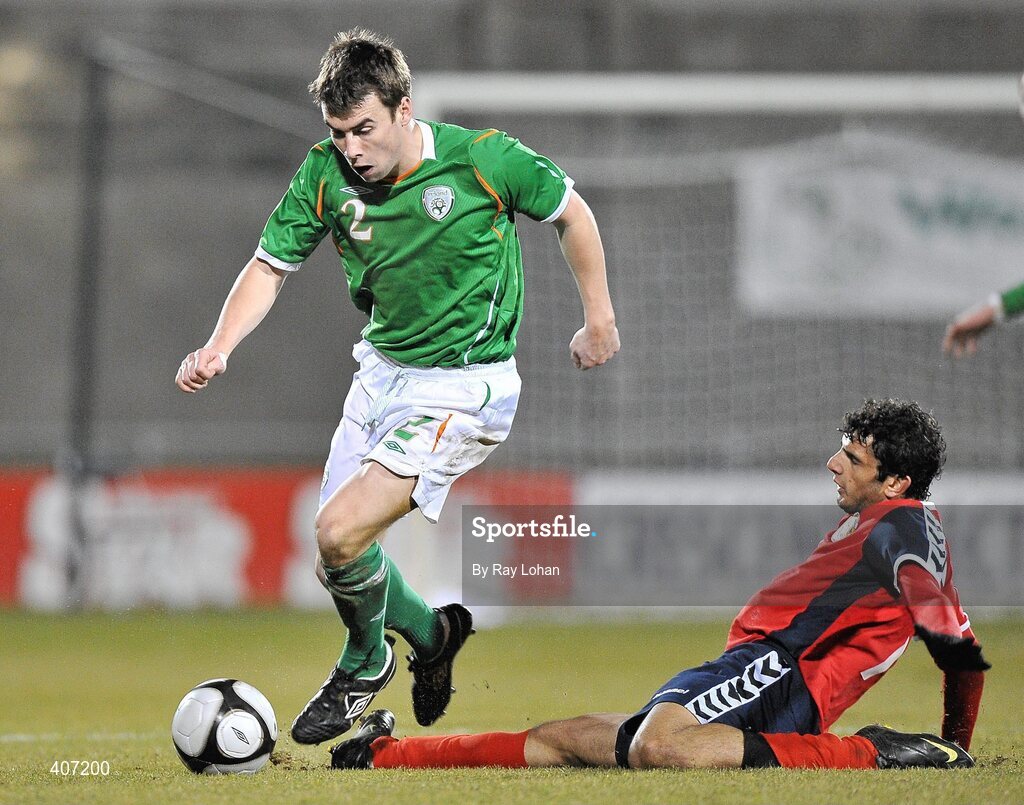 3 March 2010; Seamus Coleman, Republic of Ireland, in action against Artak Dashyan, Armenia. UEFA European U21 Championship Qualifier, Republic of Ireland v Armenia, Tallaght Stadium, Tallaght, Co. Dublin. Picture credit: Ray Lohan / SPORTSFILE