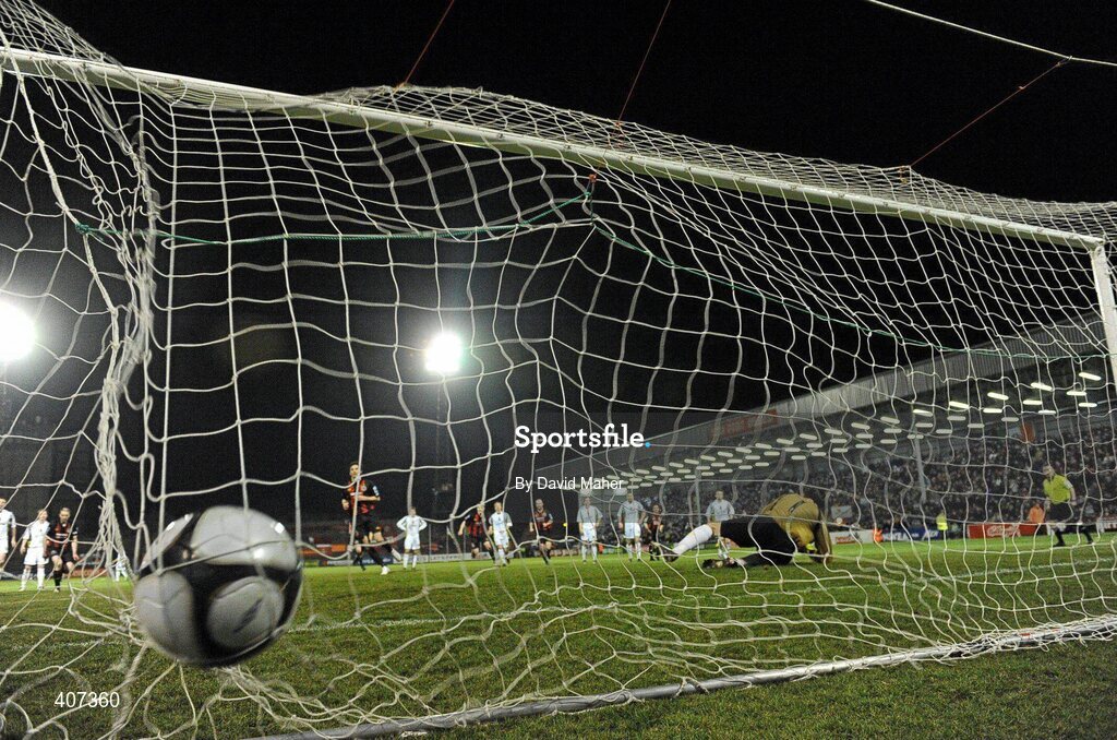 5 March 2010; Killian Brennan, Bohemians, beats Sporting Fingal goalkeeper Brendan Clarke to score his side's first goal from a penalty. Airtricity League, Premier Division, Bohemians v Sporting Fingal, Dalymount Park, Dublin. Picture credit: David Maher / SPORTSFILE