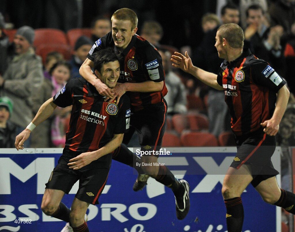5 March 2010; Killian Brennan, left, Bohemians, celebrates after scoring his side's first goal with team-mates Paddy Madden, centre, and Glenn Cronin. Airtricity League, Premier Division, Bohemians v Sporting Fingal, Dalymount Park, Dublin. Picture credit: David Maher / SPORTSFILE