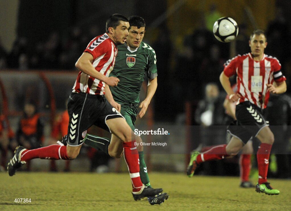 5 March 2010; Emmett Friars, Derry City, in action against Graham Cummins, Cork City Foras Co-op. Airtricity League, Premier Division, Derry City v Cork City Foras Co-op, Brandywell Stadium, Derry. Picture credit: Oliver McVeigh / SPORTSFILE