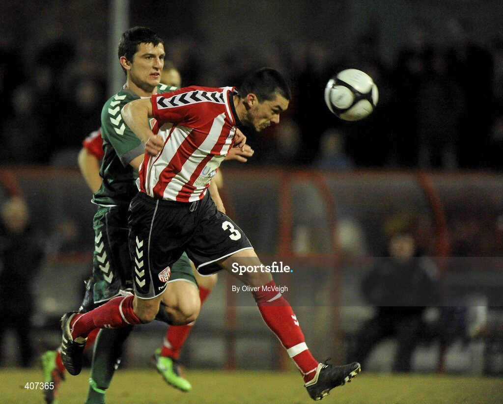 5 March 2010; Emmett Friars, Derry City, in action against Graham Cummins, Cork City Foras Co-op. Airtricity League, Premier Division, Derry City v Cork City Foras Co-op, Brandywell Stadium, Derry. Picture credit: Oliver McVeigh / SPORTSFILE