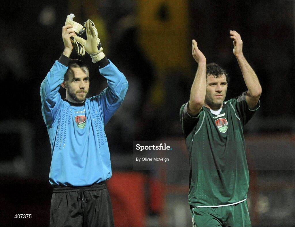 5 March 2010; Mark McNulty and Greg O'Halloran, Cork City Foras Co-op, applaud the fans at the end of the game. Airtricity League, Premier Division, Derry City v Cork City Foras Co-op, Brandywell Stadium, Derry. Picture credit: Oliver McVeigh / SPORTSFILE