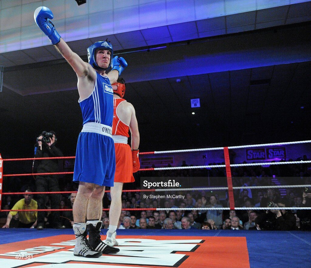 5 March 2010; John Joe Joyce, St Michaels Athy, celebrates his victory over Willie McLoughlin, Illies Golden Gloves, in their 69kg bout. National Men's & Women's Elite National Championships 2010 Finals - Friday, National Stadium, Dublin. Picture credit: Stephen McCarthy / SPORTSFILE
