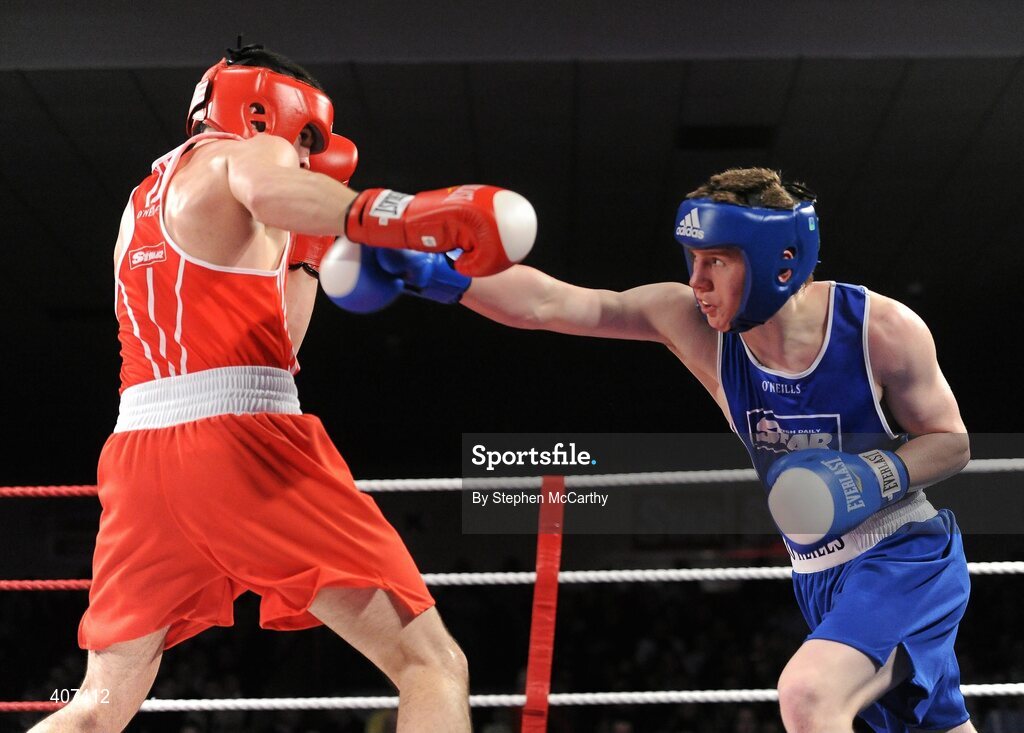 5 March 2010; Jason Quigley, Finn Valley, right, exchanges punches with Darren O'Neill, Paulstown, during their elite 75kg final bout. National Men's & Women's Elite National Championships 2010 Finals - Friday, National Stadium, Dublin. Picture credit: Stephen McCarthy / SPORTSFILE