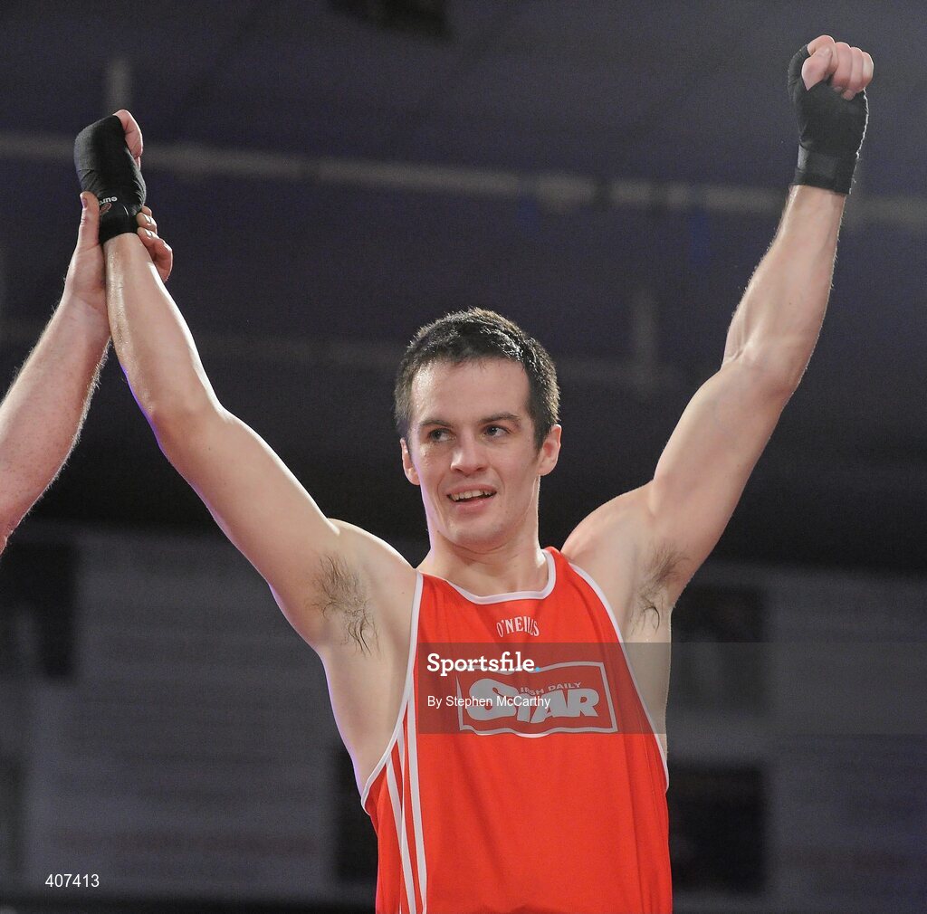 5 March 2010; Darren O'Neill, Paulstown, celebrates his elite 75kg final bout victory over Jason Quigley, Finn Valley. National Men's & Women's Elite National Championships 2010 Finals - Friday, National Stadium, Dublin. Picture credit: Stephen McCarthy / SPORTSFILE