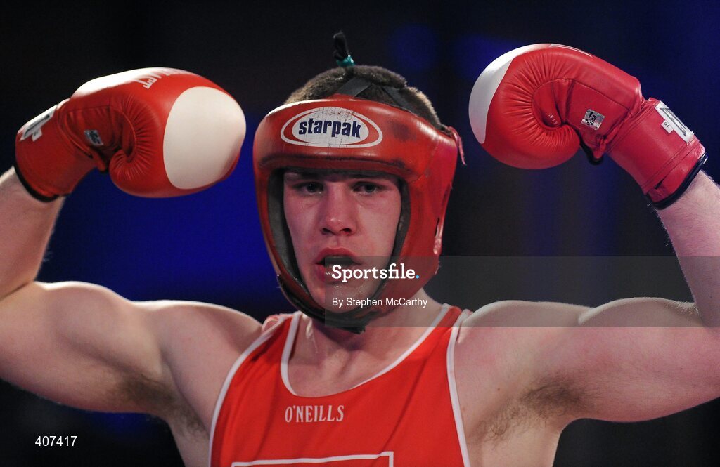 5 March 2010; Con Sheehan, Clonmel, celebrate his victory over Alan Reynolds, Ballinacarrow, following their elite 91kg final bout. National Men's & Women's Elite National Championships 2010 Finals - Friday, National Stadium, Dublin. Picture credit: Stephen McCarthy / SPORTSFILE
