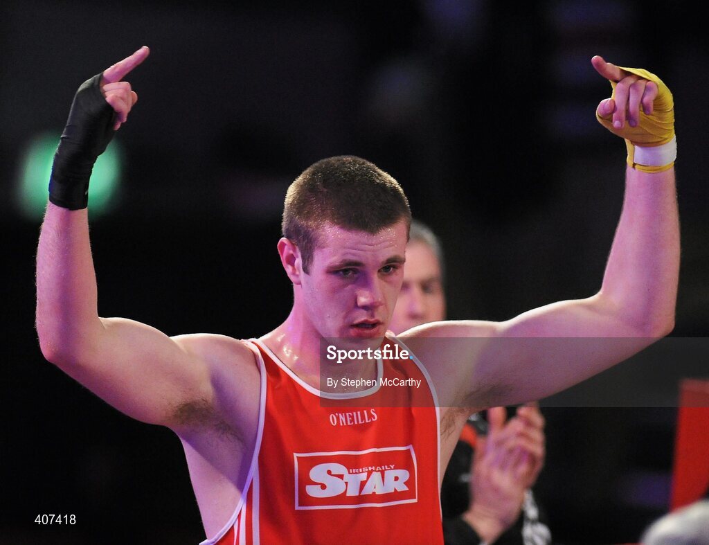 5 March 2010; Con Sheehan, Clonmel, celebrate his victory over Alan Reynolds, Ballinacarrow, following their elite 91kg final bout. National Men's & Women's Elite National Championships 2010 Finals - Friday, National Stadium, Dublin. Picture credit: Stephen McCarthy / SPORTSFILE