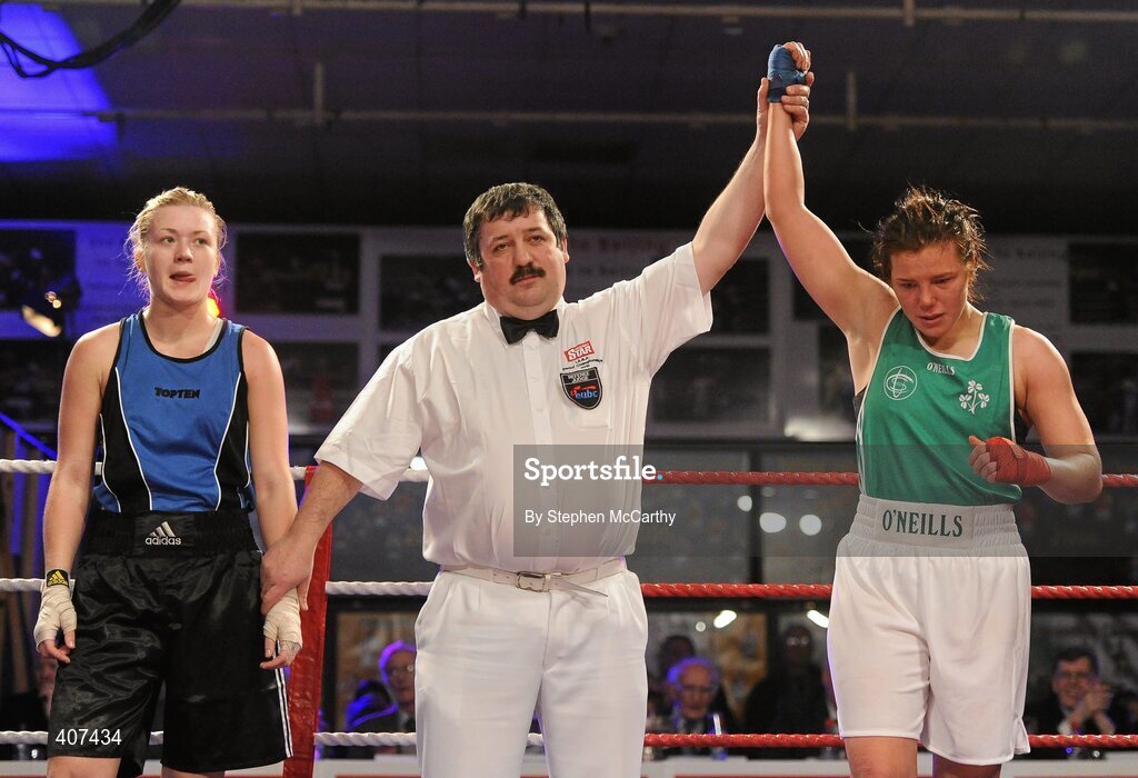 5 March 2010; Sinead Kavanagh, Drimnagh, Ireland, is announced victorious against Tetyana Ivashenko, Ukraine, following their women's 75kg special bout. National Men's & Women's Elite National Championships 2010 Finals - Friday, National Stadium, Dublin. Picture credit: Stephen McCarthy / SPORTSFILE