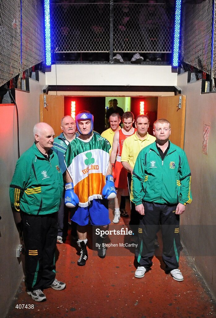 5 March 2010; John Joe Joyce, St Michaels Athy, left, and Willie McLoughlin, Illies Golden Gloves, await to make their way to the ring for their elite 69kg final bout. National Men's & Women's Elite National Championships 2010 Finals - Friday, National Stadium, Dublin. Picture credit: Stephen McCarthy / SPORTSFILE