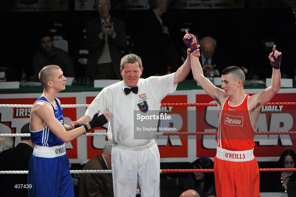 5 March 2010; Tyone McCullough, Illies Golden Gloves, is announced victorious over James Fryers, Immaculata, following their elite 57kg final. National Men's & Women's Elite National Championships 2010 Finals - Friday, National Stadium, Dublin. Picture credit: Stephen McMahon / SPORTSFILE