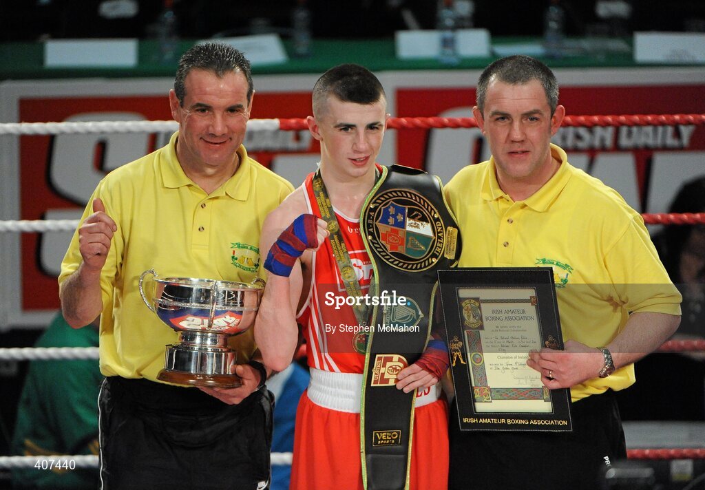 5 March 2010; Tyone McCullough, Illies Golden Gloves, celebrates his elite 57kg final victory over James Fryers. National Men's & Women's Elite National Championships 2010 Finals - Friday, National Stadium, Dublin. Picture credit: Stephen McMahon / SPORTSFILE