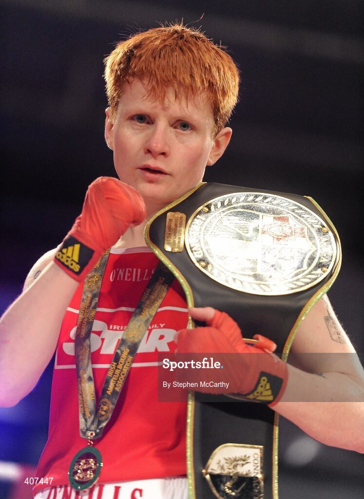5 March 2010; Debbie Rogers, Bray, celebrates her women's elite 51kg final victory over Rebecca Meaney, Tolerton, following the referee stopping the contest in the second round. National Men's & Women's Elite National Championships 2010 Finals - Friday, National Stadium, Dublin. Picture credit: Stephen McCarthy / SPORTSFILE