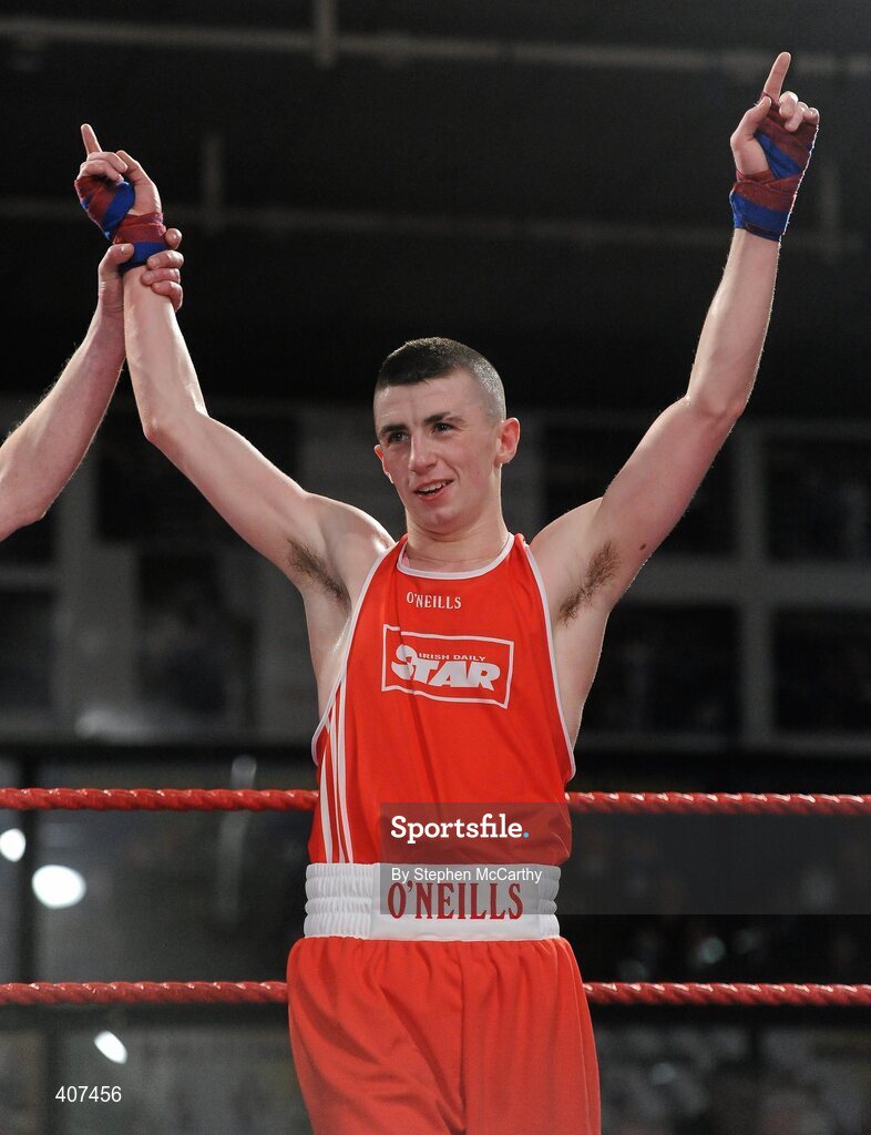 5 March 2010; Tyrone McCullough, Illies Golden Gloves, is victorious over James Fyers, Immaculata, following their elite 57kg final bout. National Men's & Women's Elite National Championships 2010 Finals - Friday, National Stadium, Dublin. Picture credit: Stephen McCarthy / SPORTSFILE