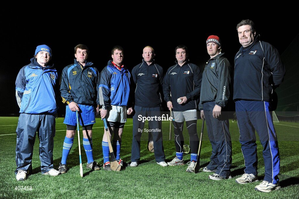 5 March 2010; Waterford hurling star John Mullane, centre, with Cavan hurlers, from left, Pat Halpin, Francie Bird, Anthony Sheridan, Mark McEntee, Cormac Nelligan and Brendan Nelligan. Mullane was visiting Breffni Park to oversee a session with the Cavan hurlers as part of the GPAs Hurling Twinning Programme. The Twinning Programme, now in its third year, pairs hurlers from the MacCarthy Cup squads with panels in the non-traditional hurling counties. 3G All Weather Pitch, Breffni Park, Cavan. Photo by Sportsfile