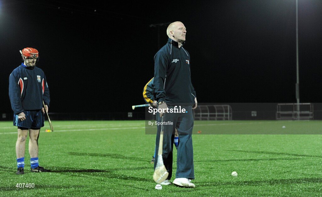 5 March 2010; Waterford hurling star John Mullane with Cavan hurlers. Mullane was visiting Breffni Park to oversee a session with the Cavan hurlers as part of the GPAs Hurling Twinning Programme. The Twinning Programme, now in its third year, pairs hurlers from the MacCarthy Cup squads with panels in the non-traditional hurling counties. 3G All Weather Pitch, Breffni Park, Cavan. Photo by Sportsfile