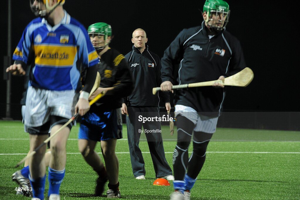 5 March 2010; Waterford hurling star John Mullane with Cavan hurlers. Mullane was visiting Breffni Park to oversee a session with the Cavan hurlers as part of the GPAs Hurling Twinning Programme. The Twinning Programme, now in its third year, pairs hurlers from the MacCarthy Cup squads with panels in the non-traditional hurling counties. 3G All Weather Pitch, Breffni Park, Cavan. Photo by Sportsfile