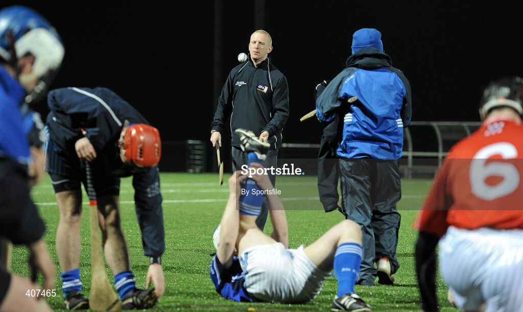 5 March 2010; Waterford hurling star John Mullane with Cavan hurlers. Mullane was visiting Breffni Park to oversee a session with the Cavan hurlers as part of the GPAs Hurling Twinning Programme. The Twinning Programme, now in its third year, pairs hurlers from the MacCarthy Cup squads with panels in the non-traditional hurling counties. 3G All Weather Pitch, Breffni Park, Cavan. Photo by Sportsfile