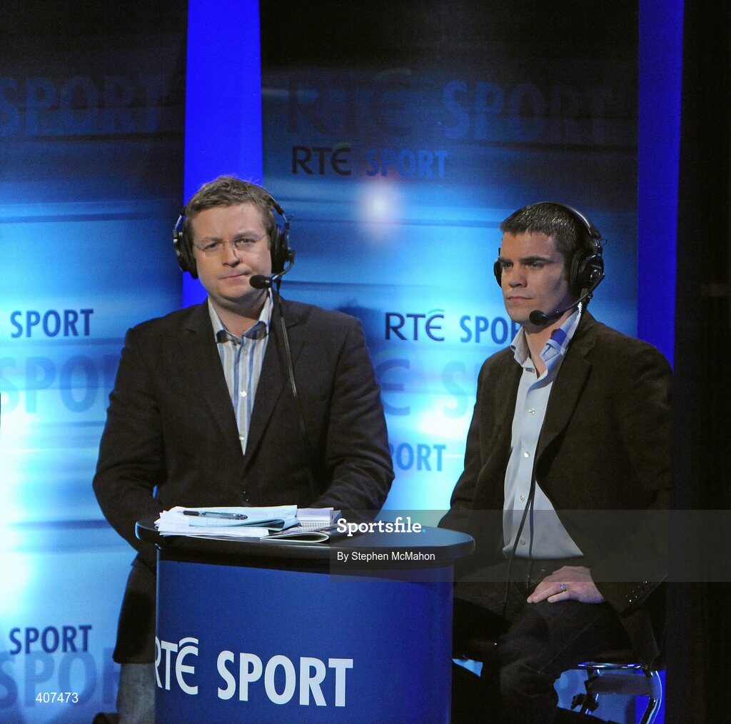 5 March 2010; Recently retired and former WBA Super Bantamweight World Champion Bernard Dunne, right, works alongside RTE's Darragh Maloney during their coverage of the evenings boxing. National Men's & Women's Elite National Championships 2010 Finals - Friday, National Stadium, Dublin. Picture credit: Stephen McMahon / SPORTSFILE