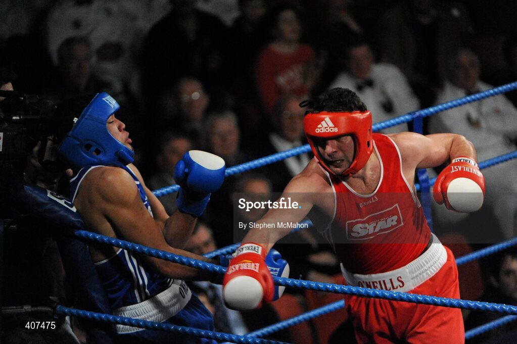 5 March 2010; Kenny Egan, Neilstown, throws a right at Tommy McCarthy, Oliver Plunkett, during their elite 81kg final. National Men's & Women's Elite National Championships 2010 Finals - Friday, National Stadium, Dublin. Picture credit: Stephen McMahon / SPORTSFILE