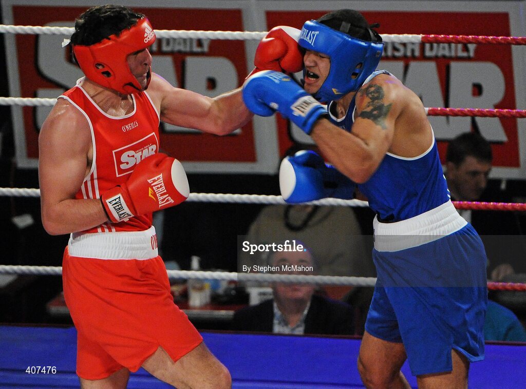 5 March 2010; Kenny Egan, Neilstown, lands a left on Tommy McCarthy, Oliver Plunkett, during their elite 81kg final. National Men's & Women's Elite National Championships 2010 Finals - Friday, National Stadium, Dublin. Picture credit: Stephen McMahon / SPORTSFILE