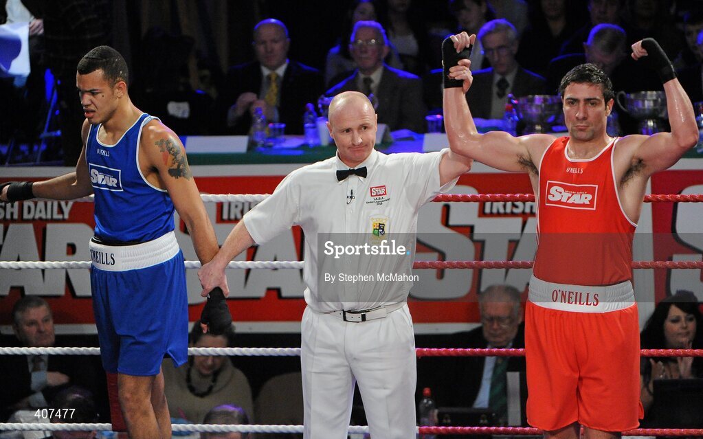 5 March 2010; Kenny Egan, Neilstown, is announced victorious over Tommy McCarthy, Oliver Plunkett, following their elite 81kg final. National Men's & Women's Elite National Championships 2010 Finals - Friday, National Stadium, Dublin. Picture credit: Stephen McMahon / SPORTSFILE