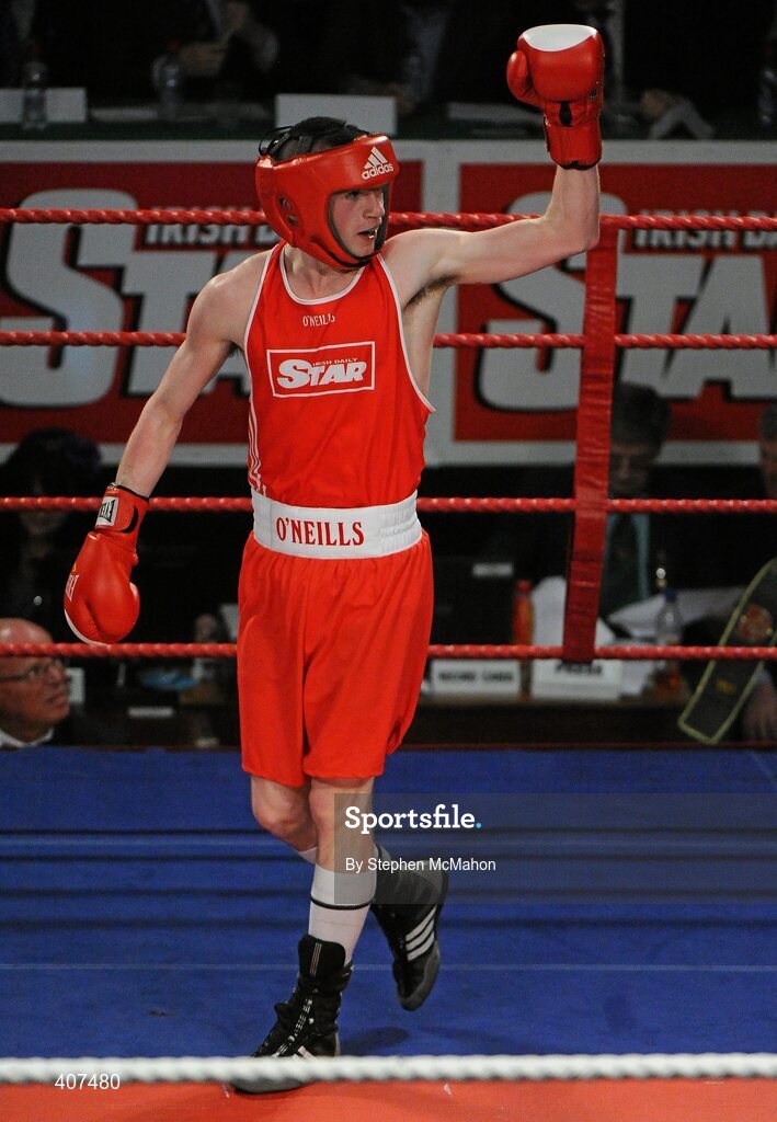 5 March 2010; Tyone McCullough, Illies Golden Gloves, celebrates victory over James Fryers, Immaculata, following their elite 57kg final. National Men's & Women's Elite National Championships 2010 Finals - Friday, National Stadium, Dublin. Picture credit: Stephen McMahon / SPORTSFILE