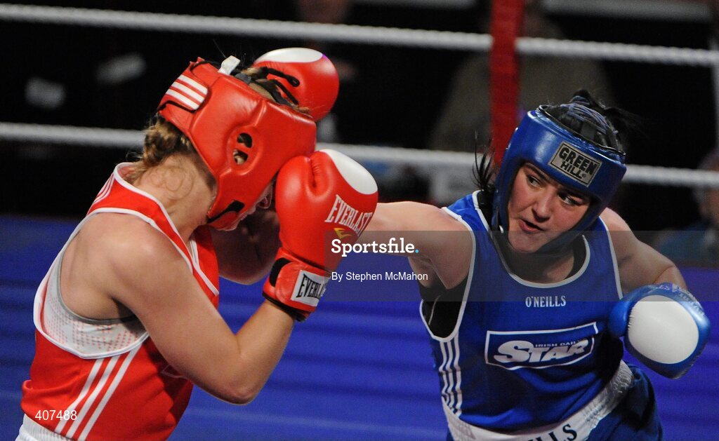 5 March 2010; Kelly Harrington, West Finglas, right, in action against Jessica Lyons, St Francis, Limerick, during their elite women's 69kg final bout. National Men's & Women's Elite National Championships 2010 Finals - Friday, National Stadium, Dublin. Picture credit: Stephen McMahon / SPORTSFILE