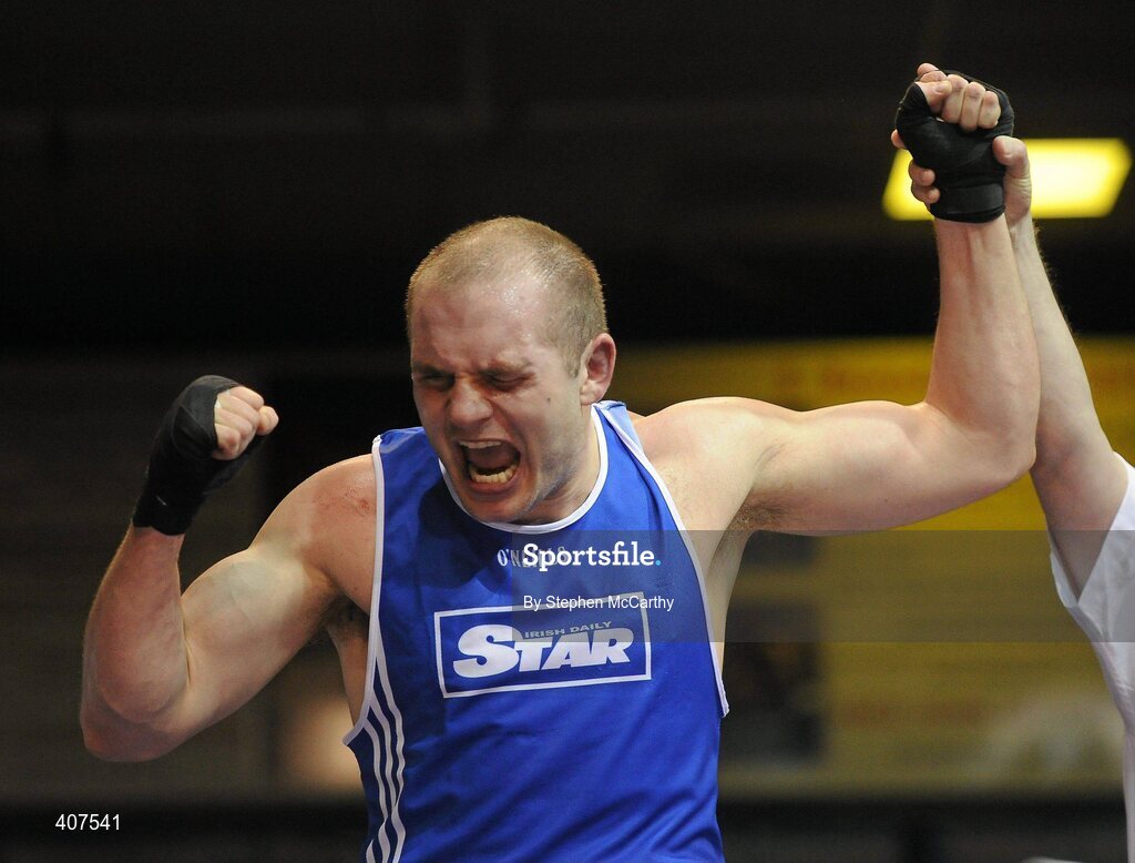 6 March 2010; David Britten, Saviours Crystal, celebrates his men's novice 91kg final victory over Ciaran Lotheir, Lucan. Men's Novice National Championships 2010 Finals - Saturday Afternoon Session, National Stadium, Dublin. Picture credit: Stephen McCarthy / SPORTSFILE