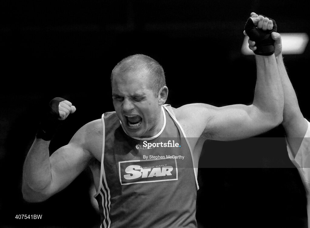 6 March 2010; David Britten, Saviours Crystal, celebrates his men's novice 91kg final victory over Ciaran Lotheir, Lucan. Men's Novice National Championships 2010 Finals - Saturday Afternoon Session, National Stadium, Dublin. Picture credit: Stephen McCarthy / SPORTSFILE