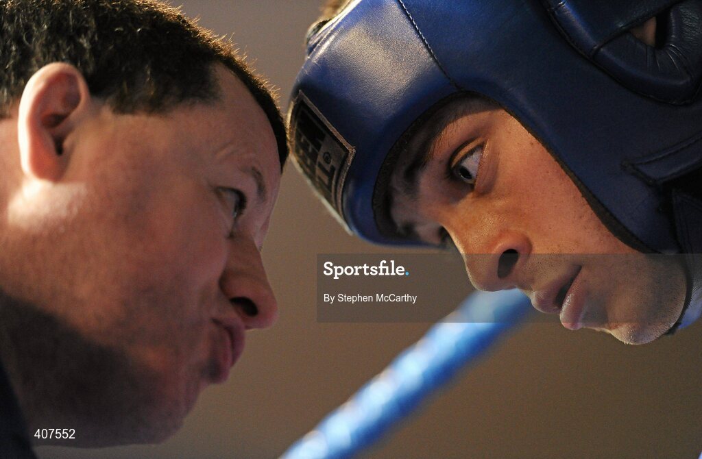 6 March 2010; Trainer Seamus Deays speaks to his boxer Conal Hall, Clonard, during his men's novice 67kg bout with Karl Kinga, Mount Tallant. Men's Novice National Championships 2010 Finals - Saturday Afternoon Session, National Stadium, Dublin. Picture credit: Stephen McCarthy / SPORTSFILE