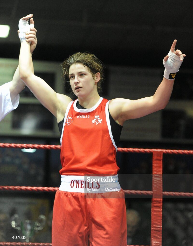 6 March 2010; Katie Taylor, Bray, Ireland, is victorious over Julia Tsyplakova, Ukraine, following their women's 60kg special bout. Men's Elite & Women's Novice National Championships 2010 Finals - Saturday Evening Session, National Stadium, Dublin. Picture credit: Stephen McCarthy / SPORTSFILE