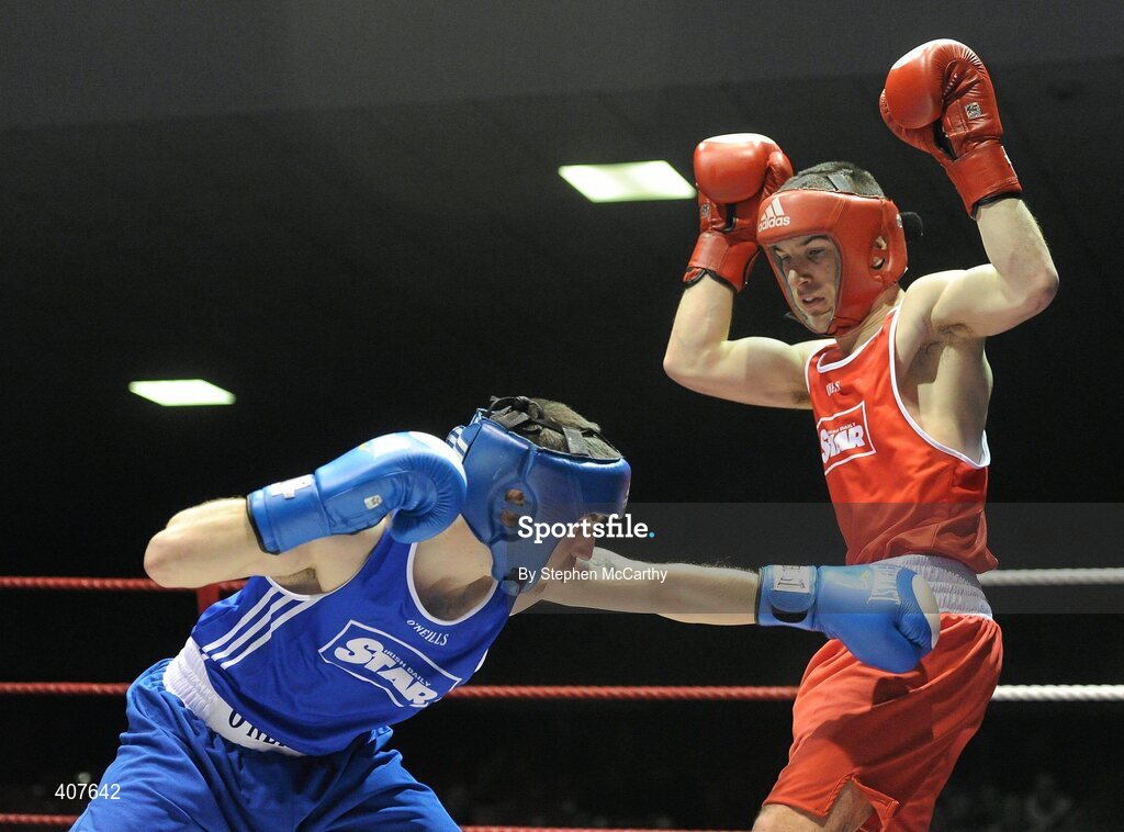 6 March 2010; John Joe Nevin, Cavan, dodges the left of Derek Thorpe, St Aidans, during their men's elite 54kg final bout. Men's Elite & Women's Novice National Championships 2010 Finals - Saturday Evening Session, National Stadium, Dublin. Picture credit: Stephen McCarthy / SPORTSFILE