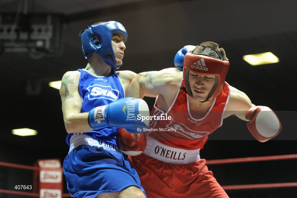6 March 2010; John Joe Nevin, Cavan, right, in action against Derek Thorpe, St Aidans, during their men's elite 54kg final bout. Men's Elite & Women's Novice National Championships 2010 Finals - Saturday Evening Session, National Stadium, Dublin. Picture credit: Stephen McCarthy / SPORTSFILE