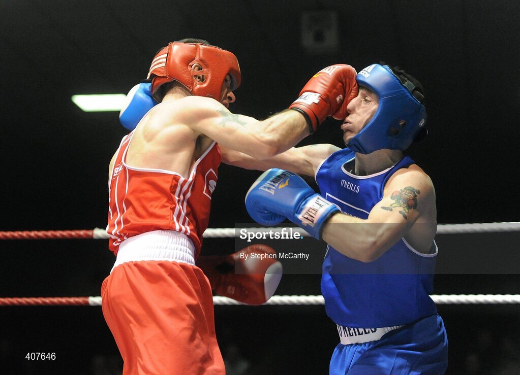 6 March 2010; John Joe Nevin, Cavan, left, in action against Derek Thorpe, St Aidans, during their men's elite 54kg final bout. Men's Elite & Women's Novice National Championships 2010 Finals - Saturday Evening Session, National Stadium, Dublin. Picture credit: Stephen McCarthy / SPORTSFILE