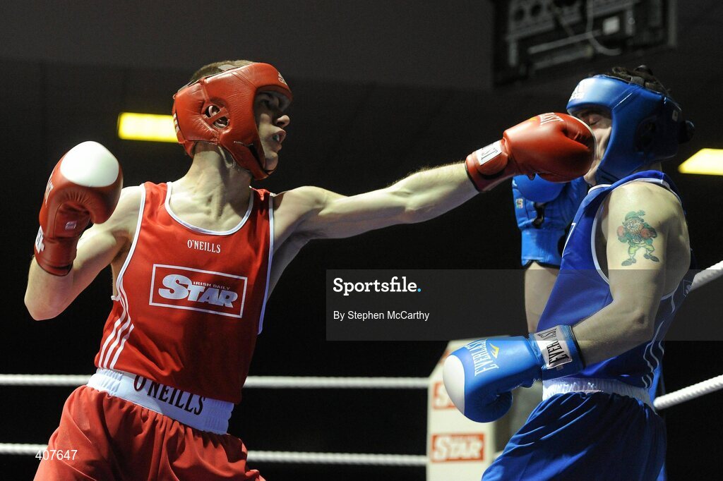 6 March 2010; John Joe Nevin, Cavan, left, in action against Derek Thorpe, St Aidans, during their men's elite 54kg final bout. Men's Elite & Women's Novice National Championships 2010 Finals - Saturday Evening Session, National Stadium, Dublin. Picture credit: Stephen McCarthy / SPORTSFILE