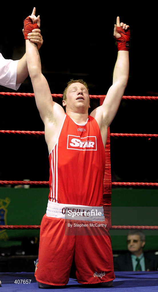 6 March 2010; Ray Moylette, St Annes Westport, celebrates his victory over Stephen Donnelly, All Saints, following their men's elite 64kg bout. Men's Elite & Women's Novice National Championships 2010 Finals - Saturday Evening Session, National Stadium, Dublin. Picture credit: Stephen McCarthy / SPORTSFILE