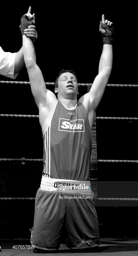 6 March 2010; Ray Moylette, St Annes Westport, celebrates his victory over Stephen Donnelly, All Saints, following their men's elite 64kg bout. Men's Elite & Women's Novice National Championships 2010 Finals - Saturday Evening Session, National Stadium, Dublin. Picture credit: Stephen McCarthy / SPORTSFILE