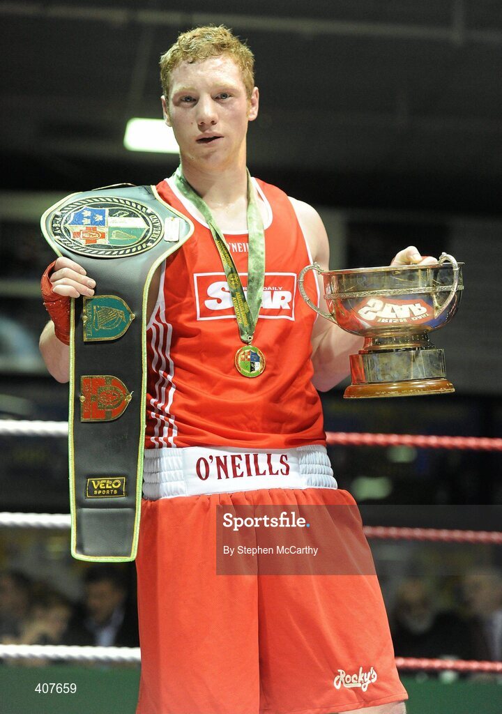 6 March 2010; Ray Moylette, St Annes Westport, celebrates his victory over Stephen Donnelly, All Saints, following their men's elite 64kg bout. Men's Elite & Women's Novice National Championships 2010 Finals - Saturday Evening Session, National Stadium, Dublin. Picture credit: Stephen McCarthy / SPORTSFILE