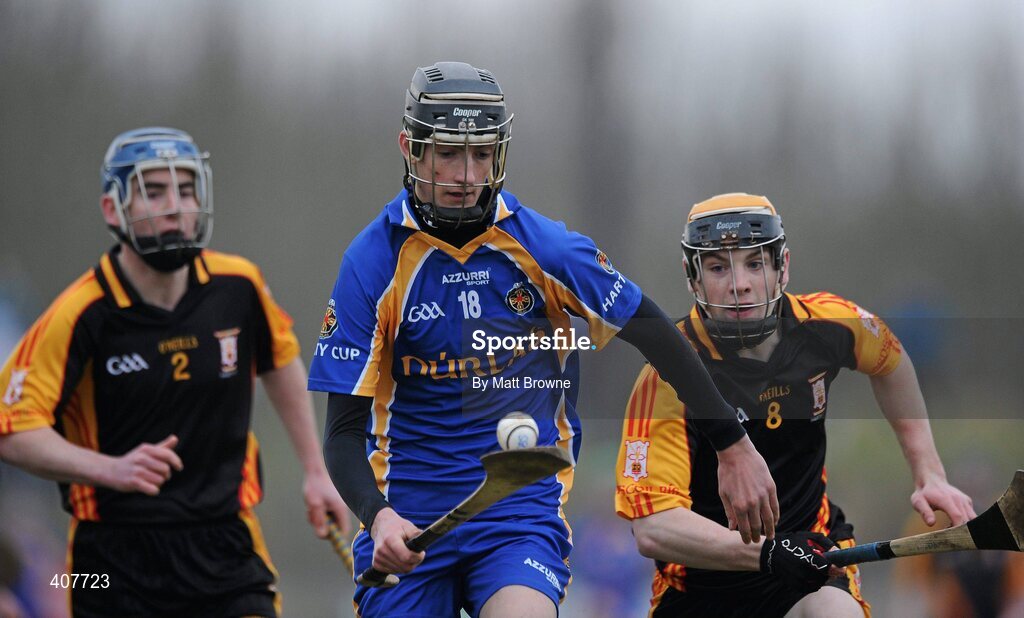 6 March 2010; Kevin Slattery, Thurles CBS, in action against Mark Carmody, left, and Sean O'Brien, Ard Scoil Ris. Harty Cup Final replay, Thurles CBS v Ard Scoil Ris, McDonagh Park, Nenagh, Co. Tipperary. Picture credit: Matt Browne / SPORTSFILE