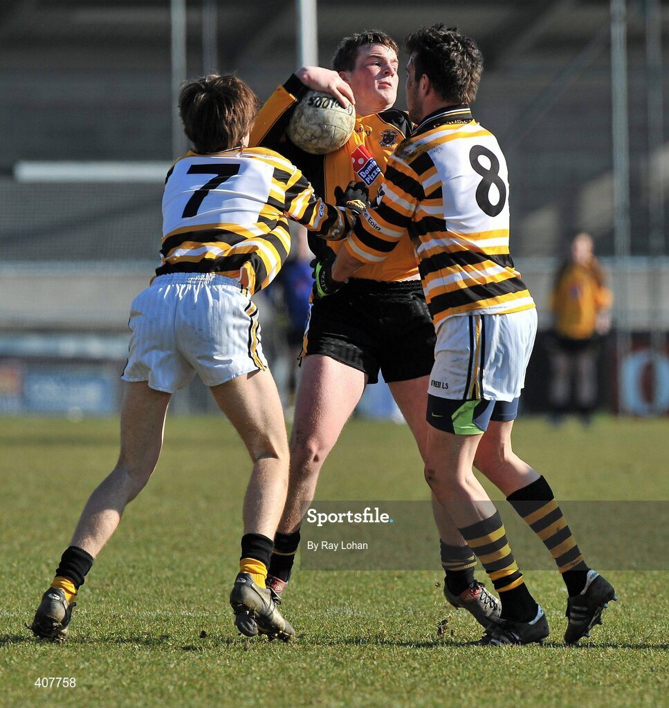 7 March 2010; Conor Sheridan, St. Patrick's College, in action against Jack Mac Cionnaith, left and Jude Mac Suibhme, Colaiste Eoin. Leinster Colleges SFC Final, St. Patrick's College, Navan, Co Meath v Colaiste Eoin, Stillorgan, Dublin, Parnell Park, Dublin. Picture credit: Ray Lohan / SPORTSFILE