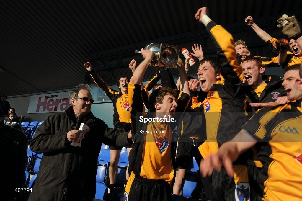7 March 2010; Darragh Maguire, St. Patrick's College captain, lifts the cup. Leinster Colleges SFC Final, St. Patrick's College, Navan, Co Meath v Colaiste Eoin, Stillorgan, Dublin, Parnell Park, Dublin. Picture credit: Ray Lohan / SPORTSFILE
